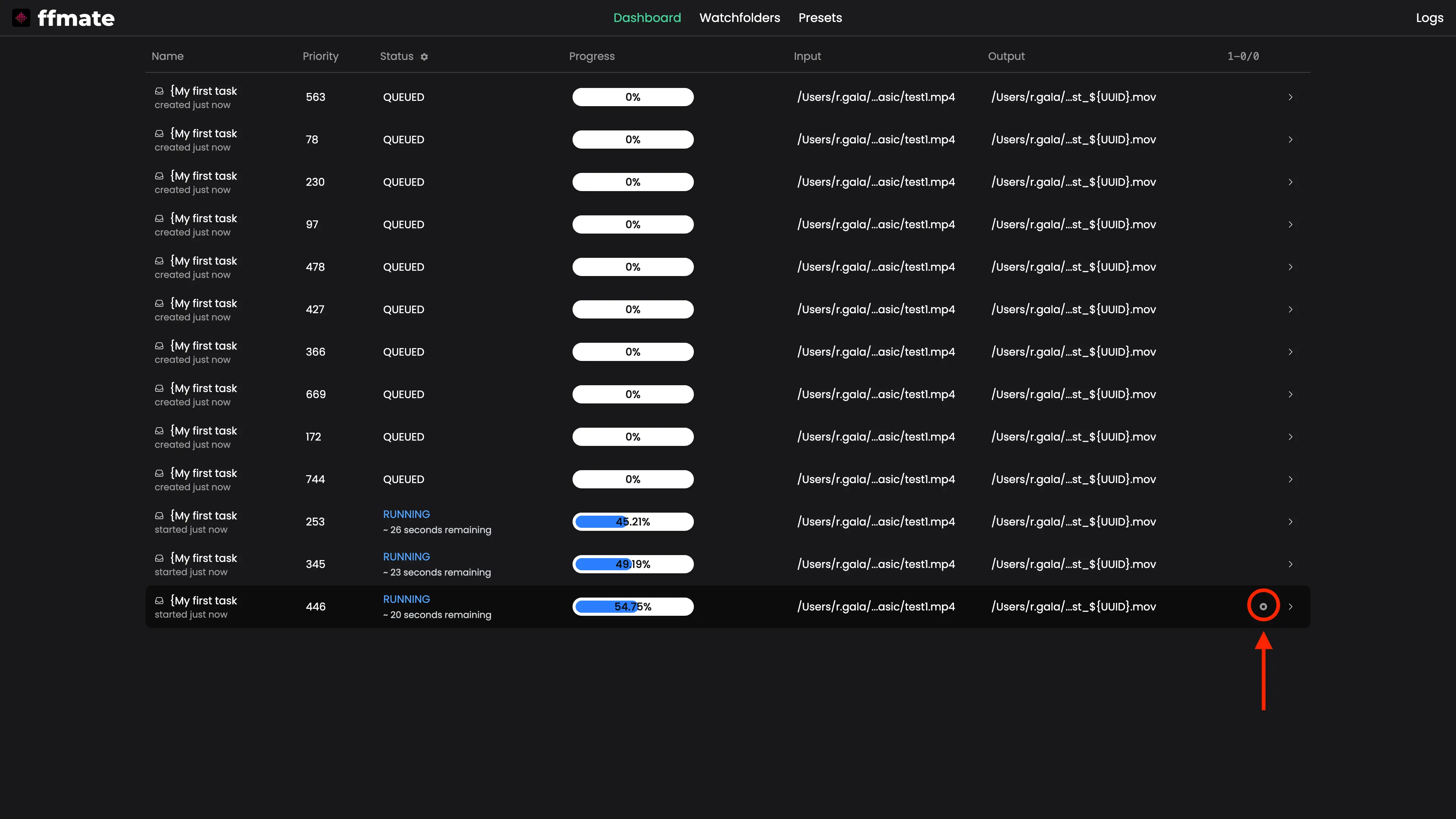 FFmate dashboard showing multiple media processing tasks with progress indicators. One task is actively running at 54.76% completion. The interface highlights a circular cancel button on the right side of the row, indicating the ability to terminate individual tasks directly from the dashboard