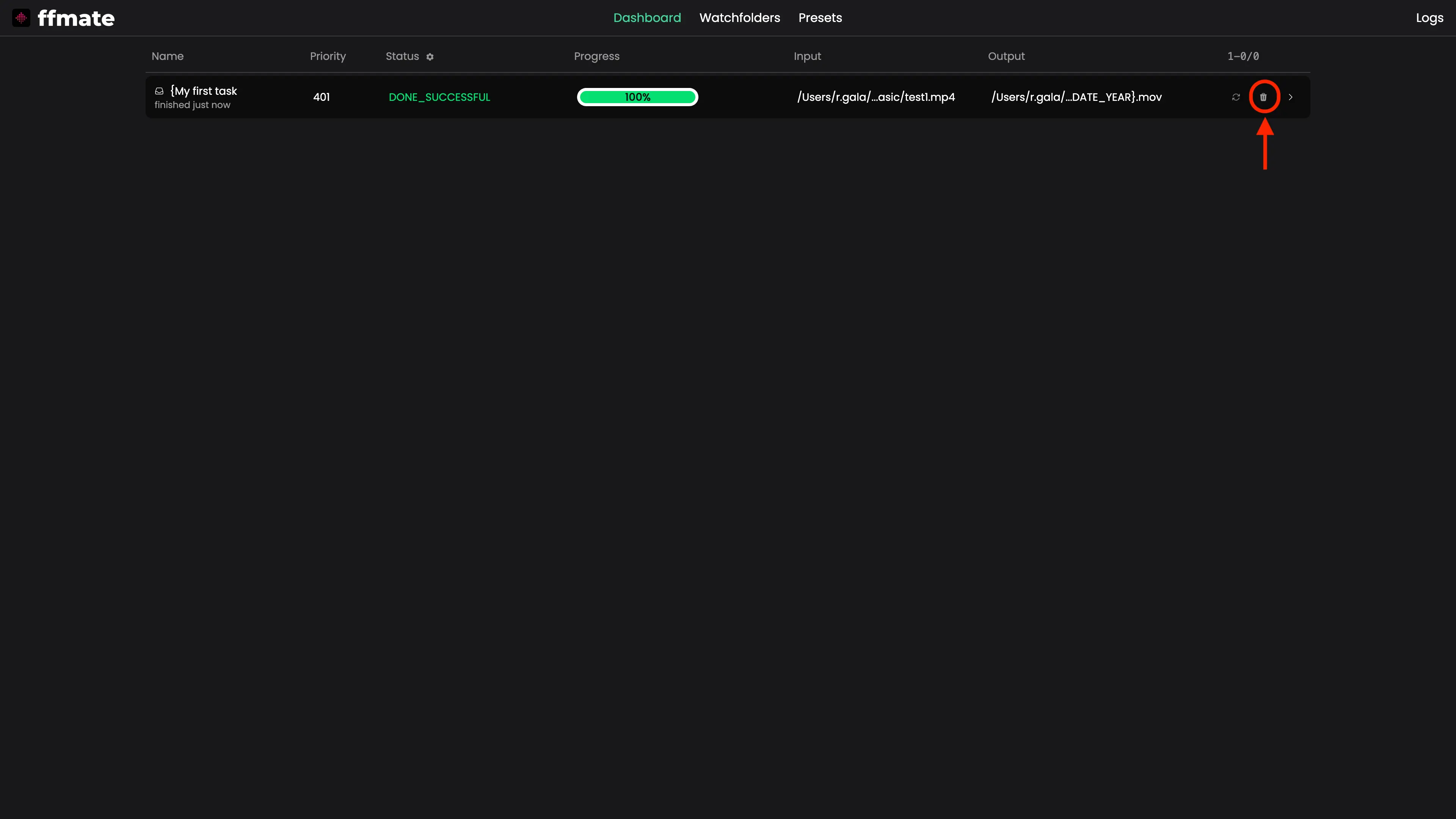 FFmate dashboard displaying a successfully completed media processing task marked as DONE_SUCCESSFUL with a 100% progress bar. The interface highlights the trash bin icon on the right side of the row, indicating the option to delete completed tasks directly from the dashboard UI