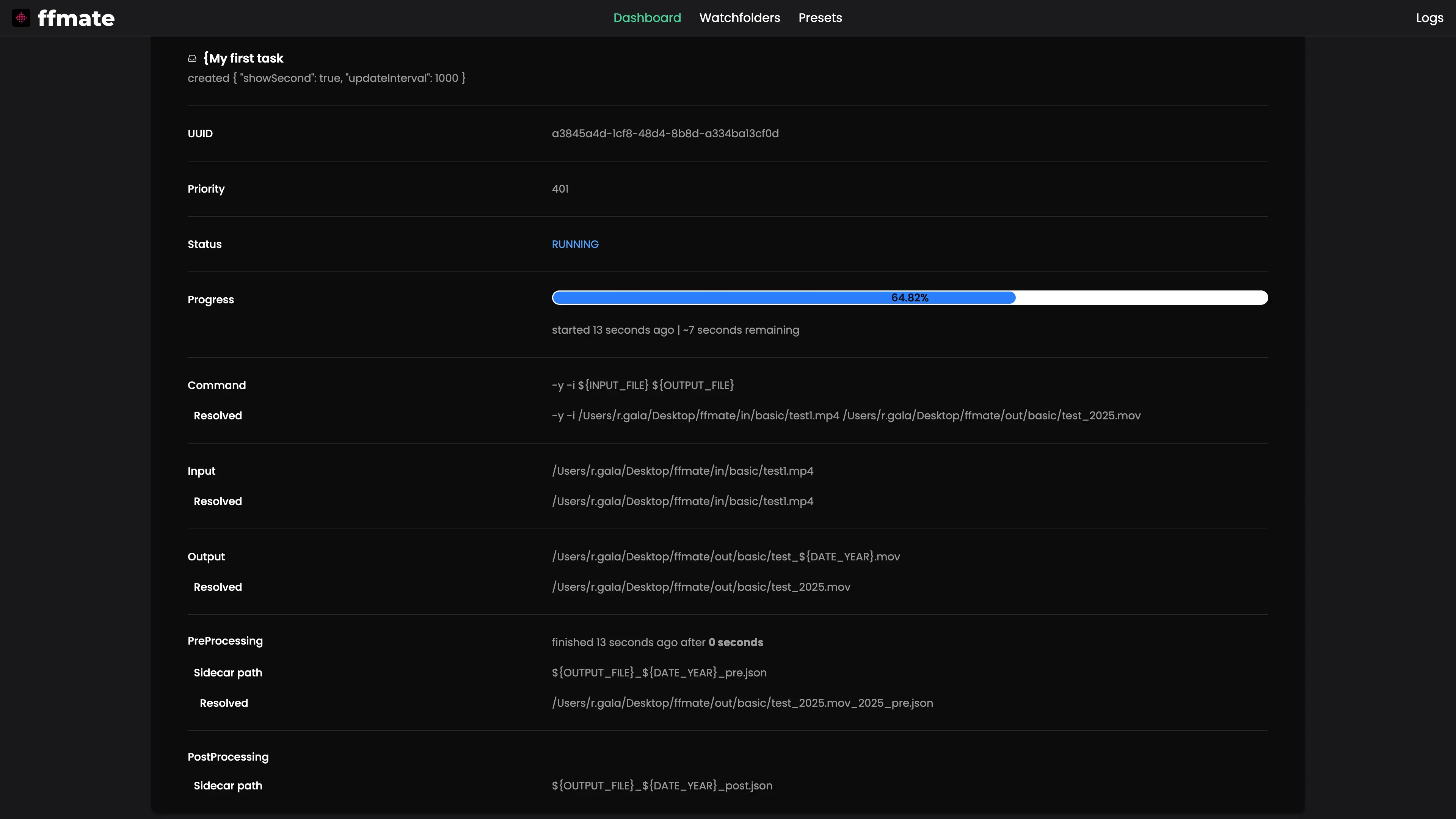 FFmate task details view displaying real-time information for an active media processing job. The interface shows UUID, priority, status, and progress bar at 64.82%, along with resolved FFmpeg command, input and output file paths, and pre/post-processing sidecar file locations using dynamic DATE_YEAR placeholders