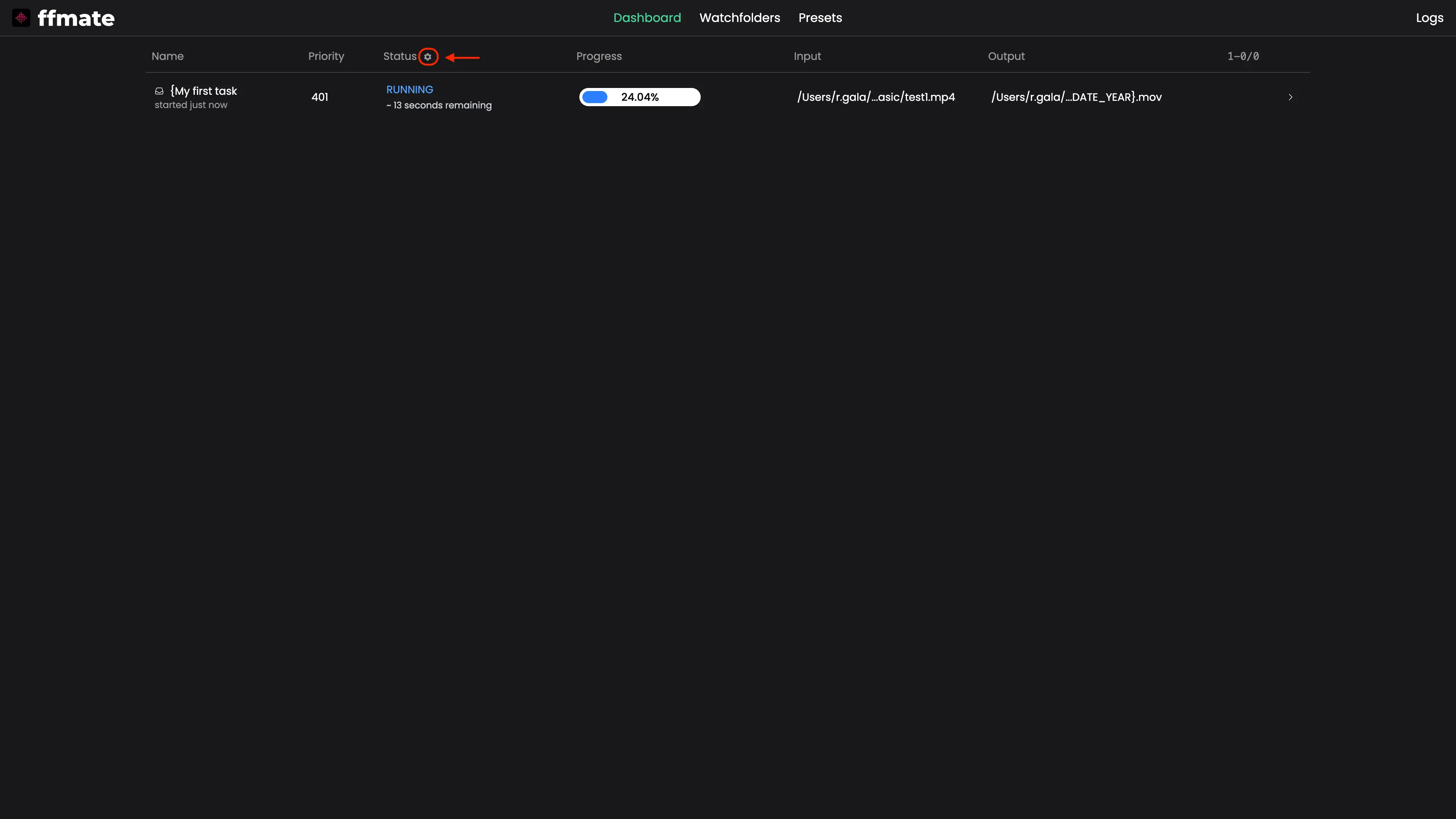 FFmate dashboard displaying a single active media processing task in RUNNING state with a live progress bar at 24.04%. The interface prominently highlights the status column filter icon, signaling support for filtering tasks by state such as queued, running, done_successful, done_error, done_canceled