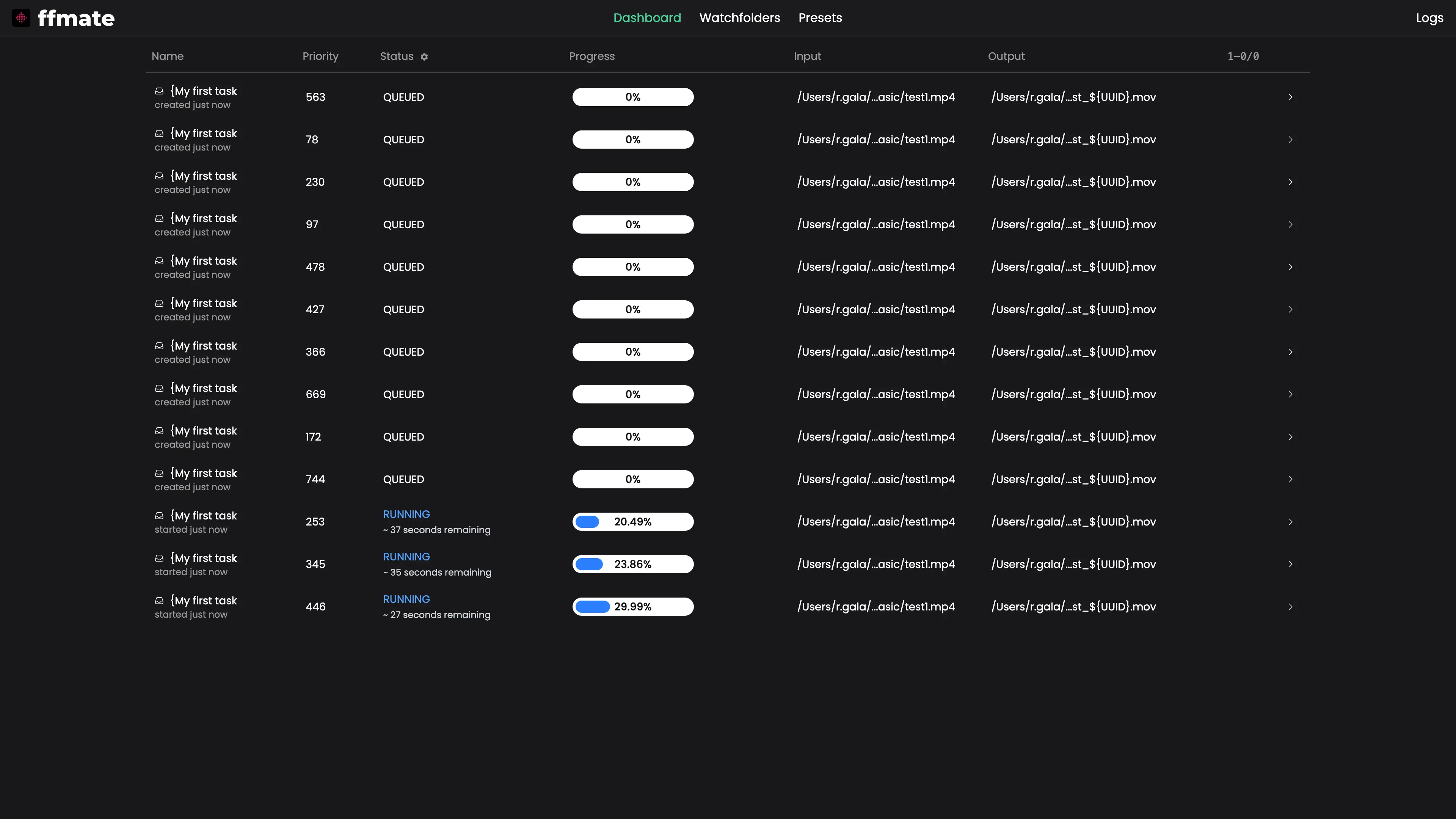 FFmate task dashboard displaying a list of media processing tasks with columns for name, priority, status, progress, input file path, and output file path. Several tasks are queued at 0%, while others are running with real-time progress bars and estimated time remaining