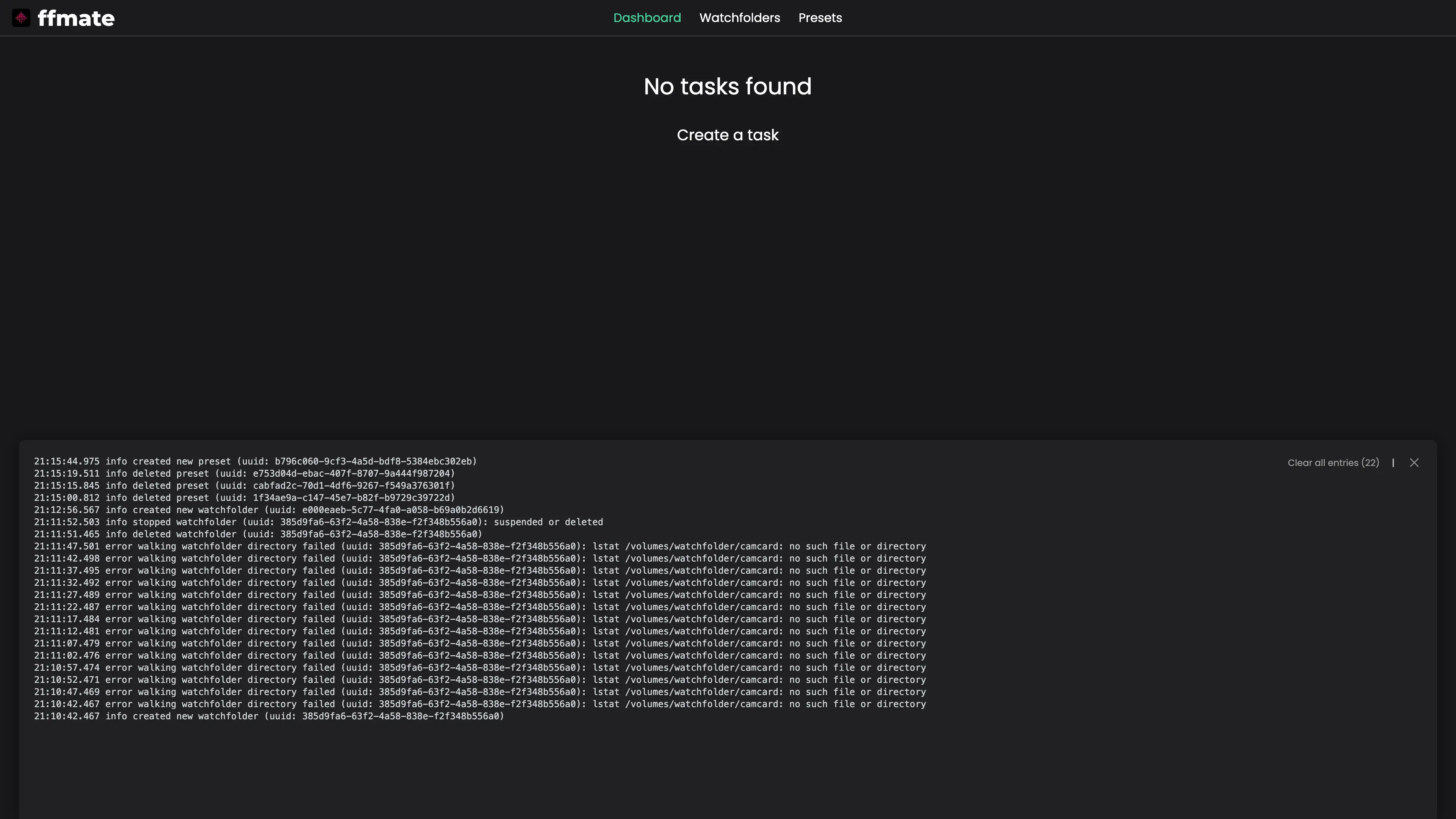 FFmate dashboard displaying an empty task list with the logs panel expanded, showing system-level logs related to preset and watchfolder creation, deletion, and directory scan errors. Entries include UUID references, timestamps, and repeated errors indicating missing directories during watchfolder polling