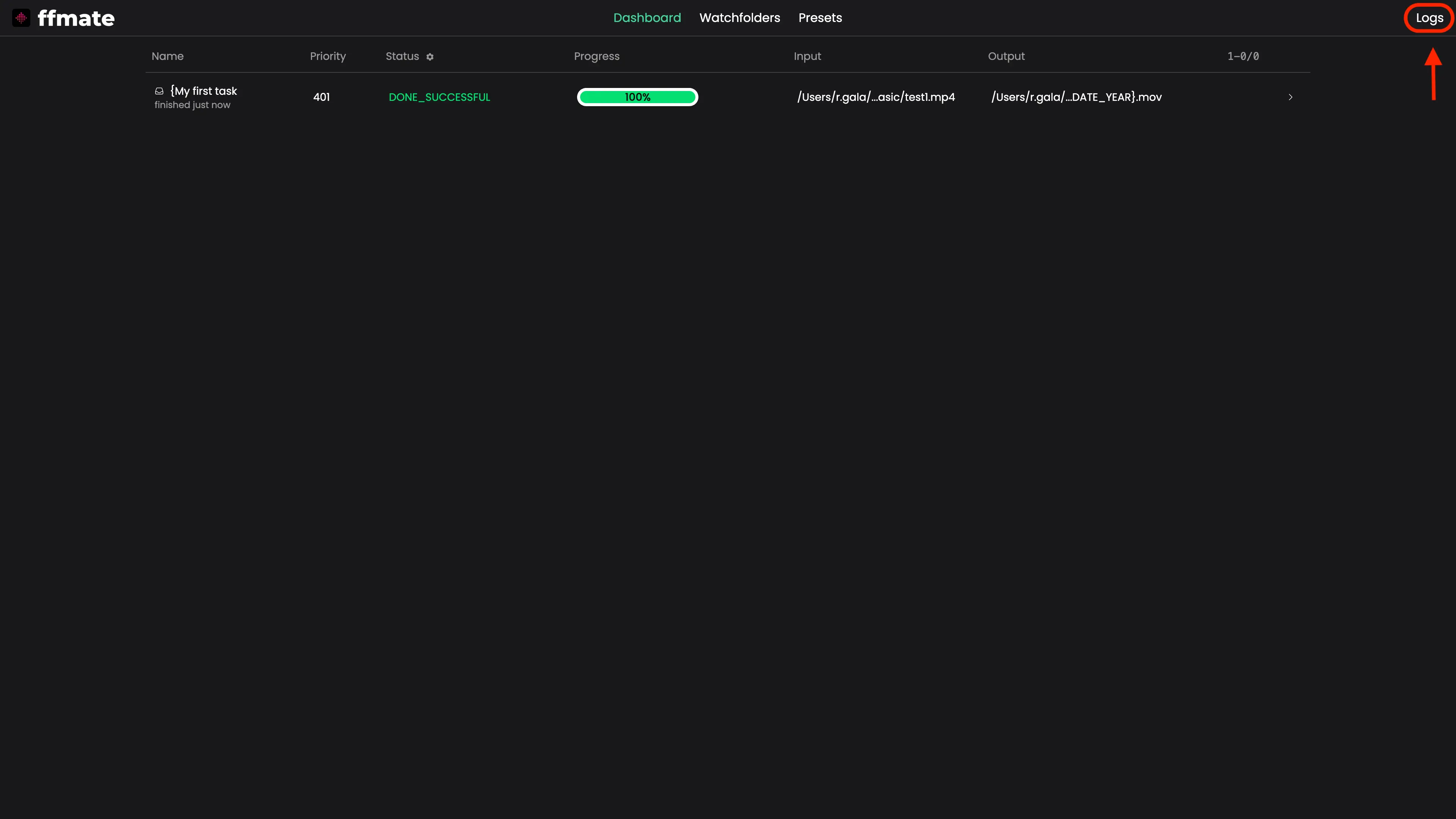 FFmate dashboard interface showing a completed media processing task with a highlighted 'Logs' button in the top-right corner, indicating access to detailed execution logs for monitoring and debugging purposes. Task status is marked as DONE_SUCCESSFUL with a 100% progress bar and defined input/output paths