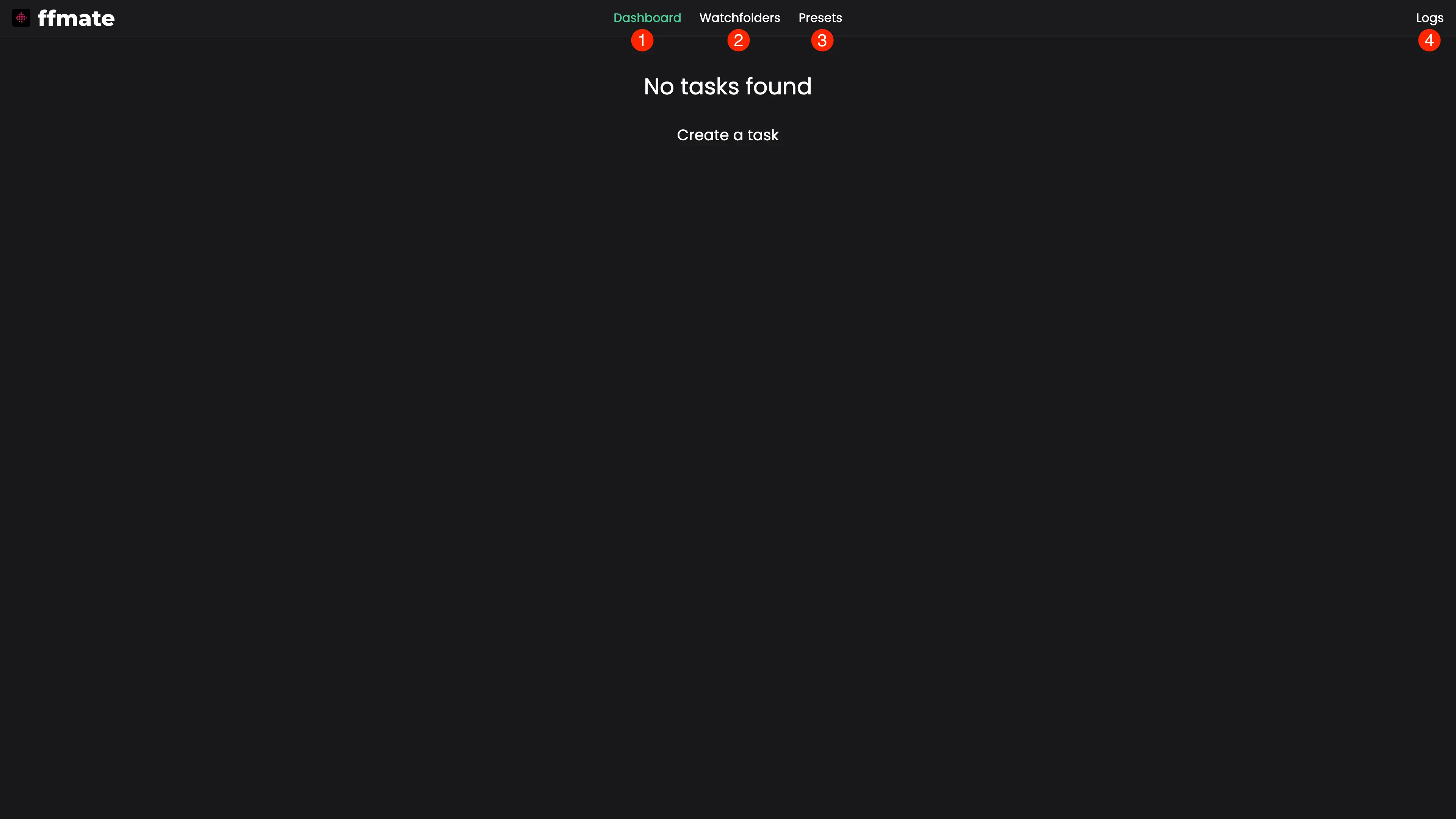 FFmate navigation bar featuring Dashboard, Watchfolders, Presets, and Logs sections, each marked with numeric indicators to guide users through the interface