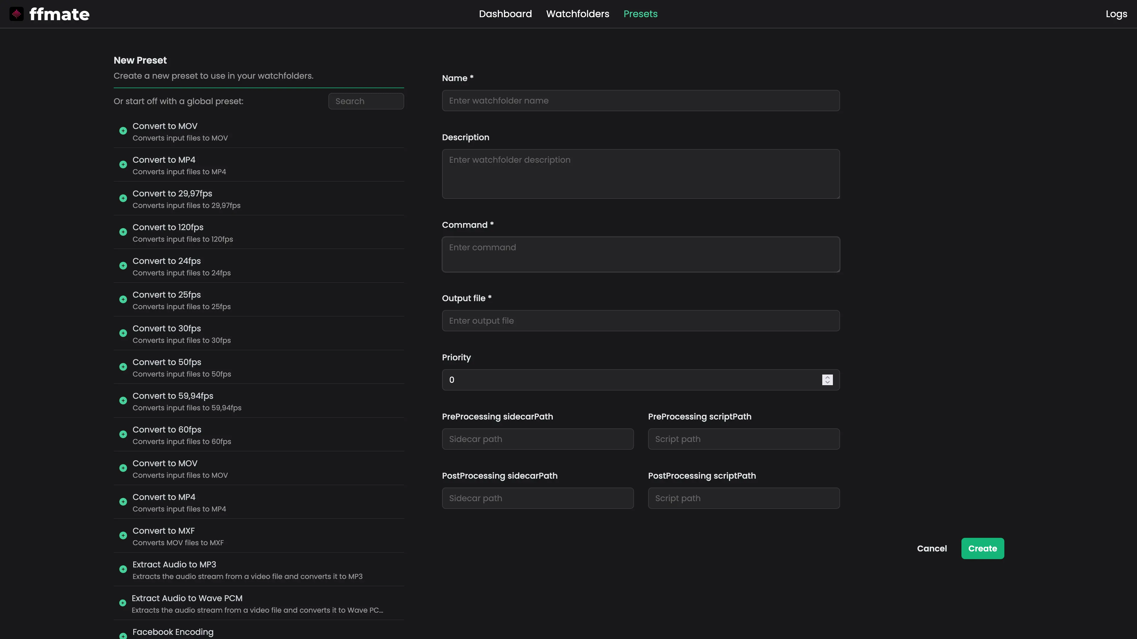 FFmate preset creation interface displaying a form for defining a new encoding preset, with fields for name, description, FFmpeg command, output file, priority, and optional pre/post-processing script and sidecar paths. The left panel lists global presets like frame rate conversion, format changes, and audio extraction