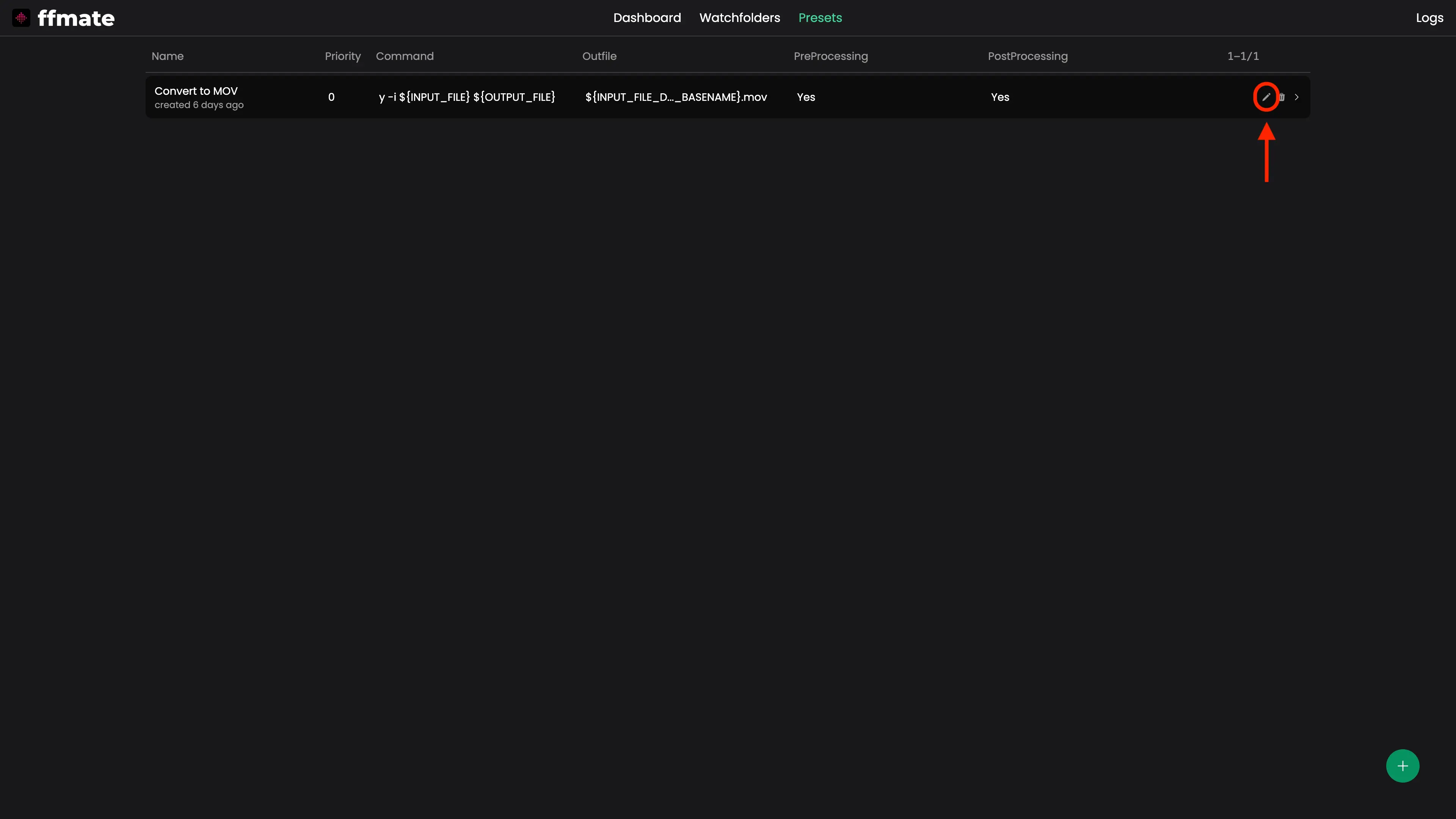 FFmate Presets list showing a single configured preset named “Convert to MOV” (created 6 days ago) with priority 0, FFmpeg command -y -i ${INPUT_FILE} ${OUTPUT_FILE}, output pattern ${INPUT_FILE_D..._BASENAME}.mov, pre- and post-processing enabled; the edit (pencil) icon is highlighted to indicate updating the preset