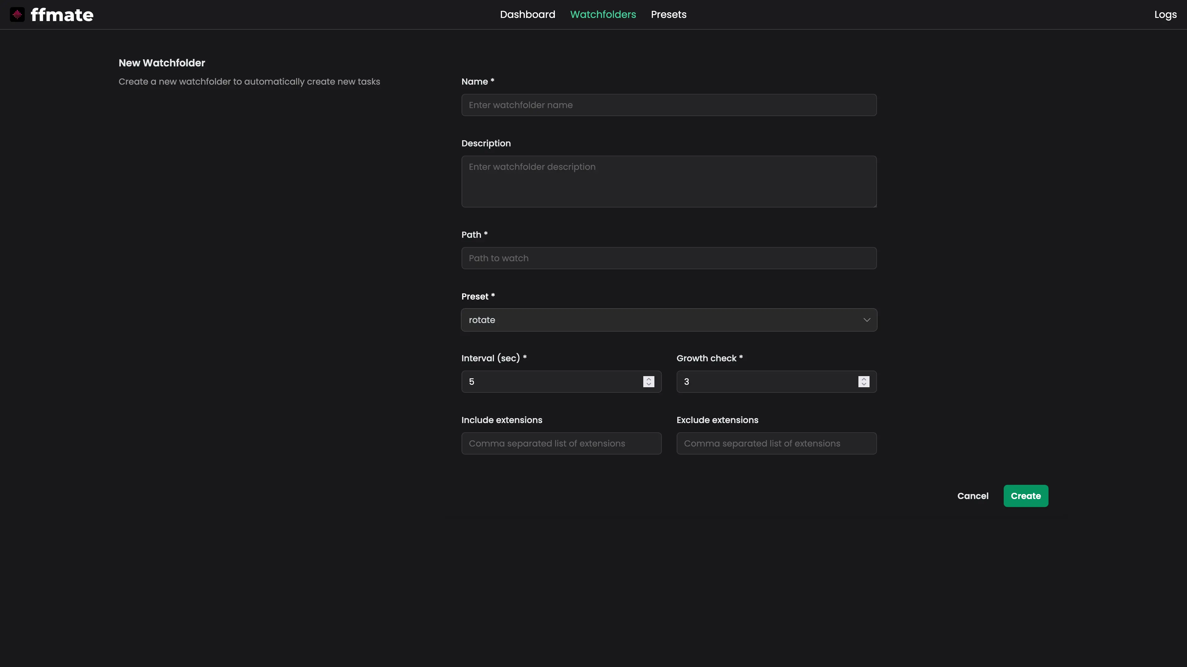 FFmate interface displaying the 'New Watchfolder' form, allowing users to configure automated task creation by specifying folder path, preset, scan interval, growth check duration, and optional file extension filters. Form includes fields for name, description, and a Create button to finalize the setup