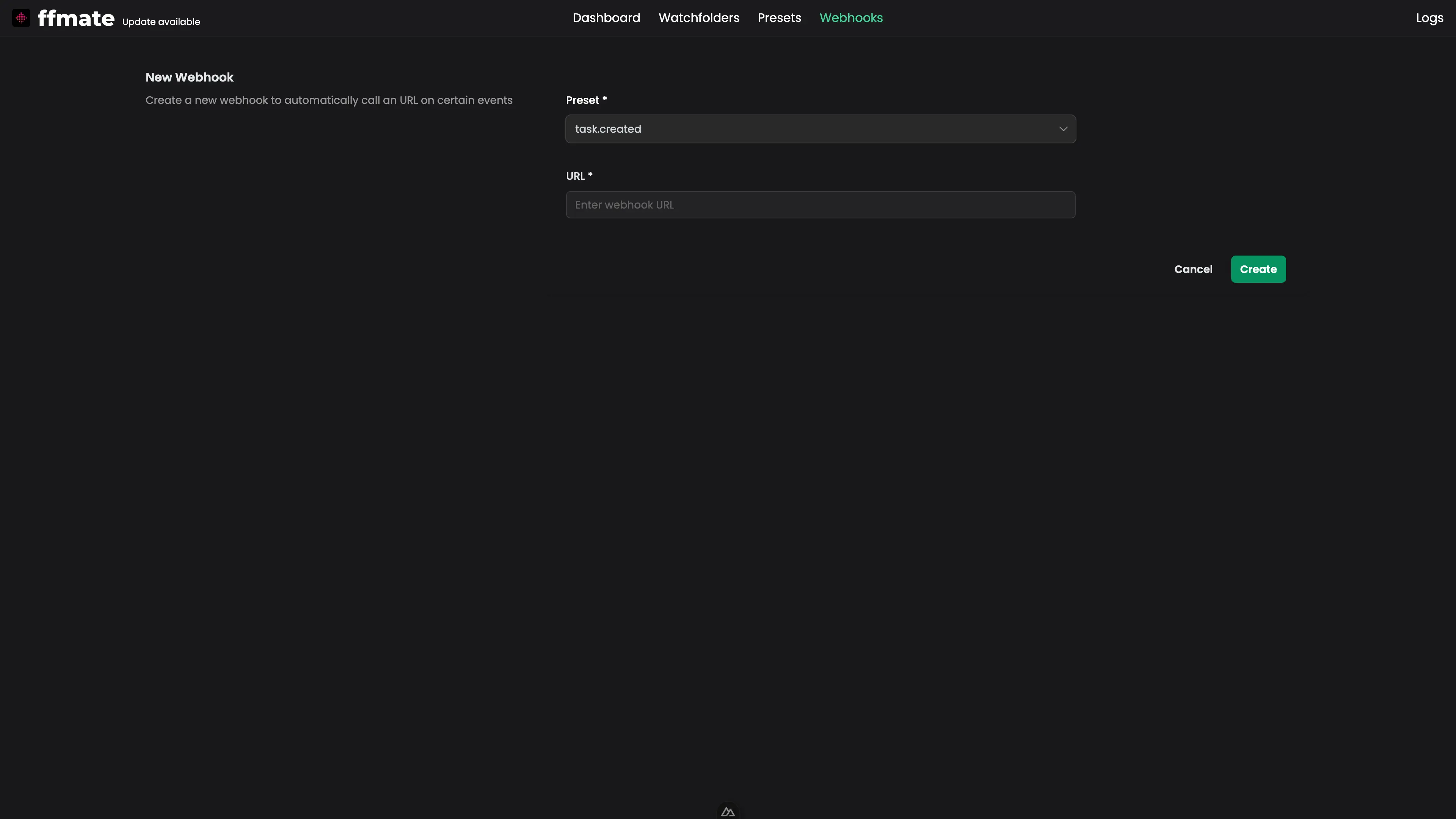 FFmate interface displaying the 'New Webhook' form, allowing users to configure automated event notifications by specifying the target URL, subscribed events,and a Create button to finalize the configuration
