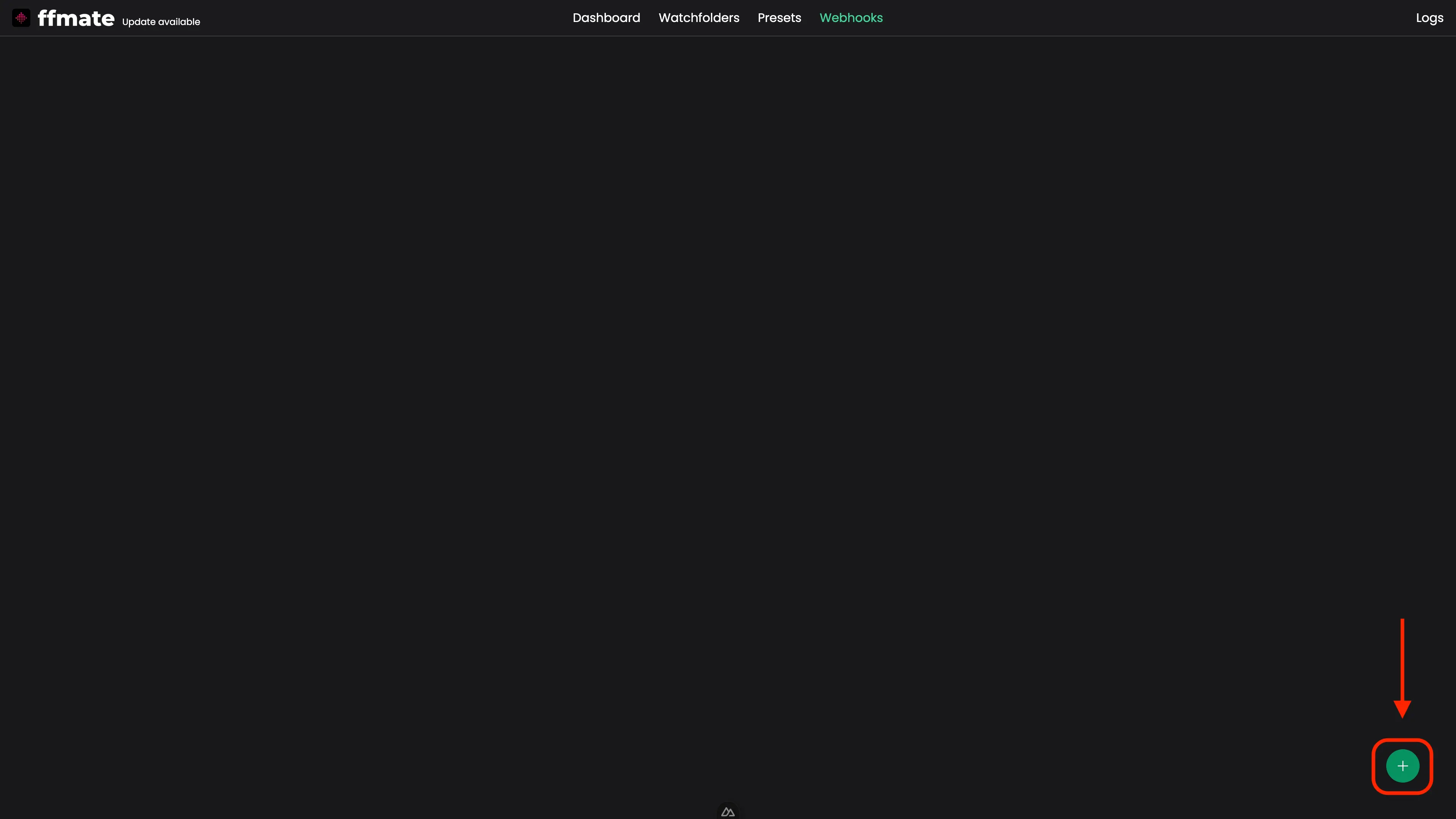 FFmate webhook interface with an empty state and a green circular plus button highlighted in the bottom-right corner, indicating the ability to add a new webhook for real-time event notifications