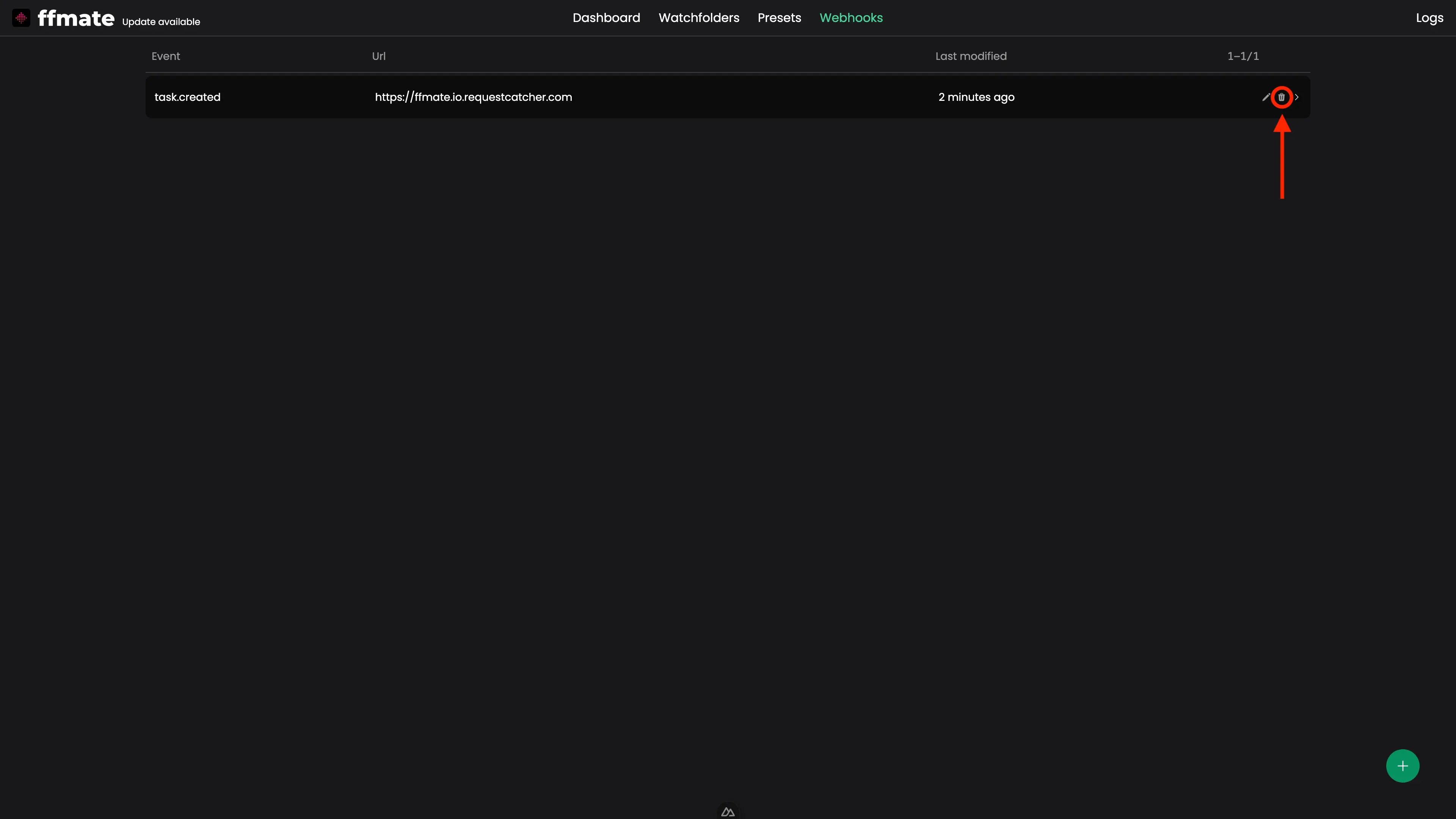 FFmate Webhooks list showing a single configured webhook with subscribed event, and URL; the delete icon highlighted on the right side of the row, indicating the option to remove the webhook from the system
