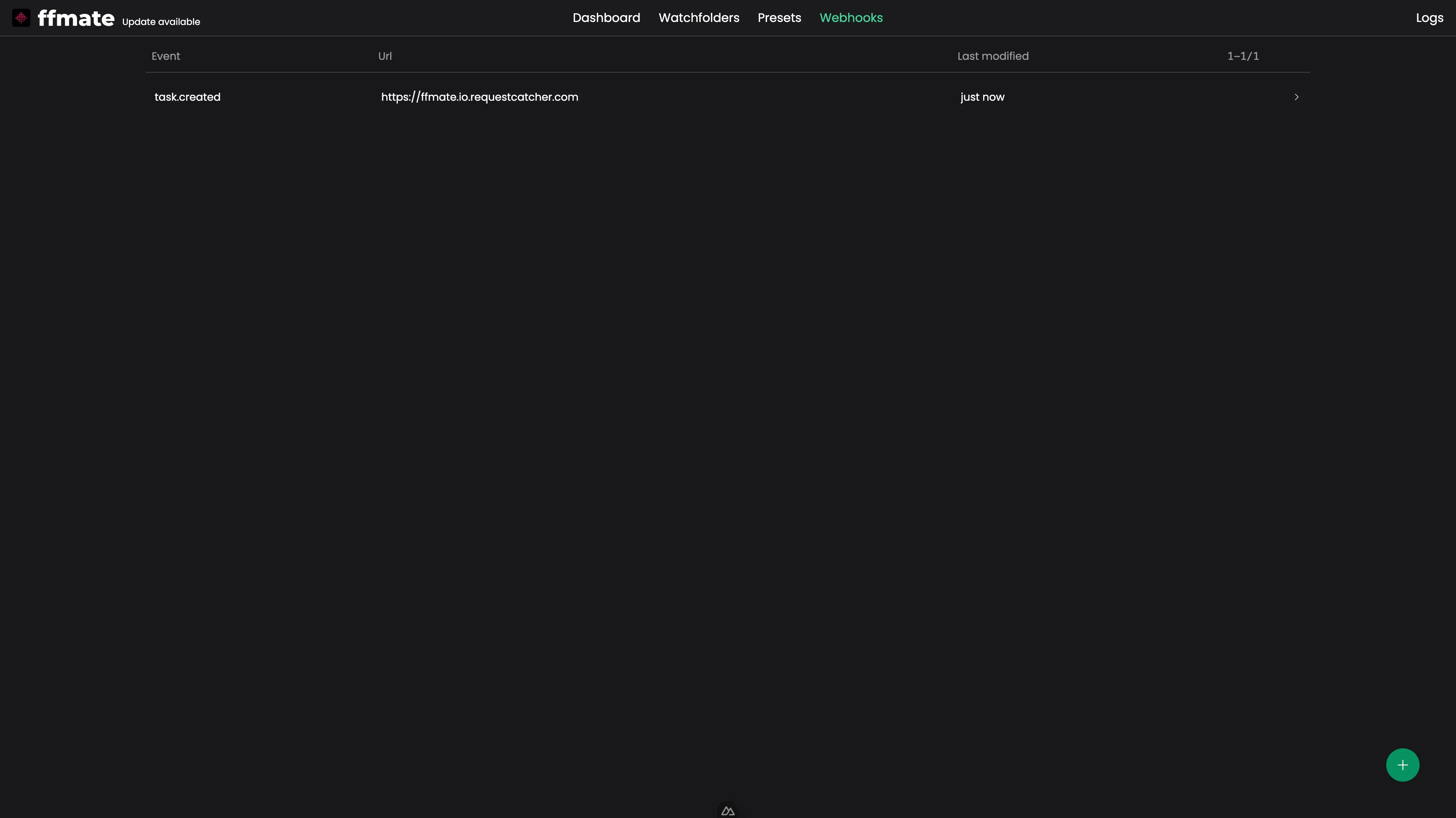 FFmate webhook overview displaying a single configured webhook with subscribed to task created and pointing to a specified target URL. The interface shows the last notification timestamp, and a green plus button for adding additional webhooks